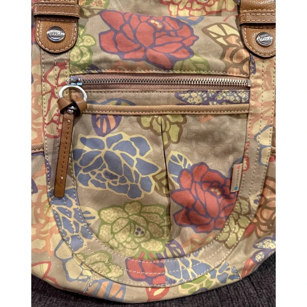 Fossil Key-Per Floral Hobo Tote Bag Canvas & Leather Trim Shoulder Purse
